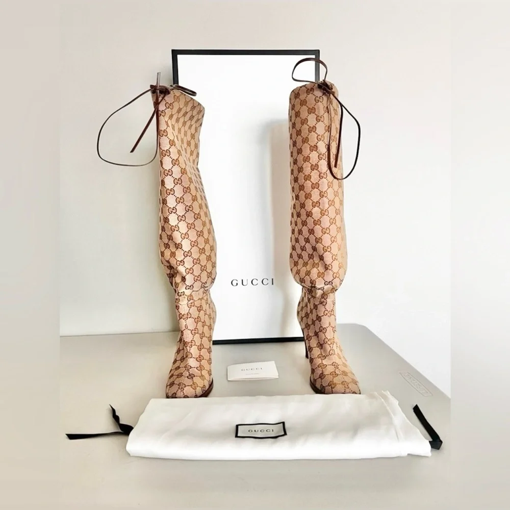 Gucci Beige GG Monogram Knee-High Boots - Picture 7 of 10